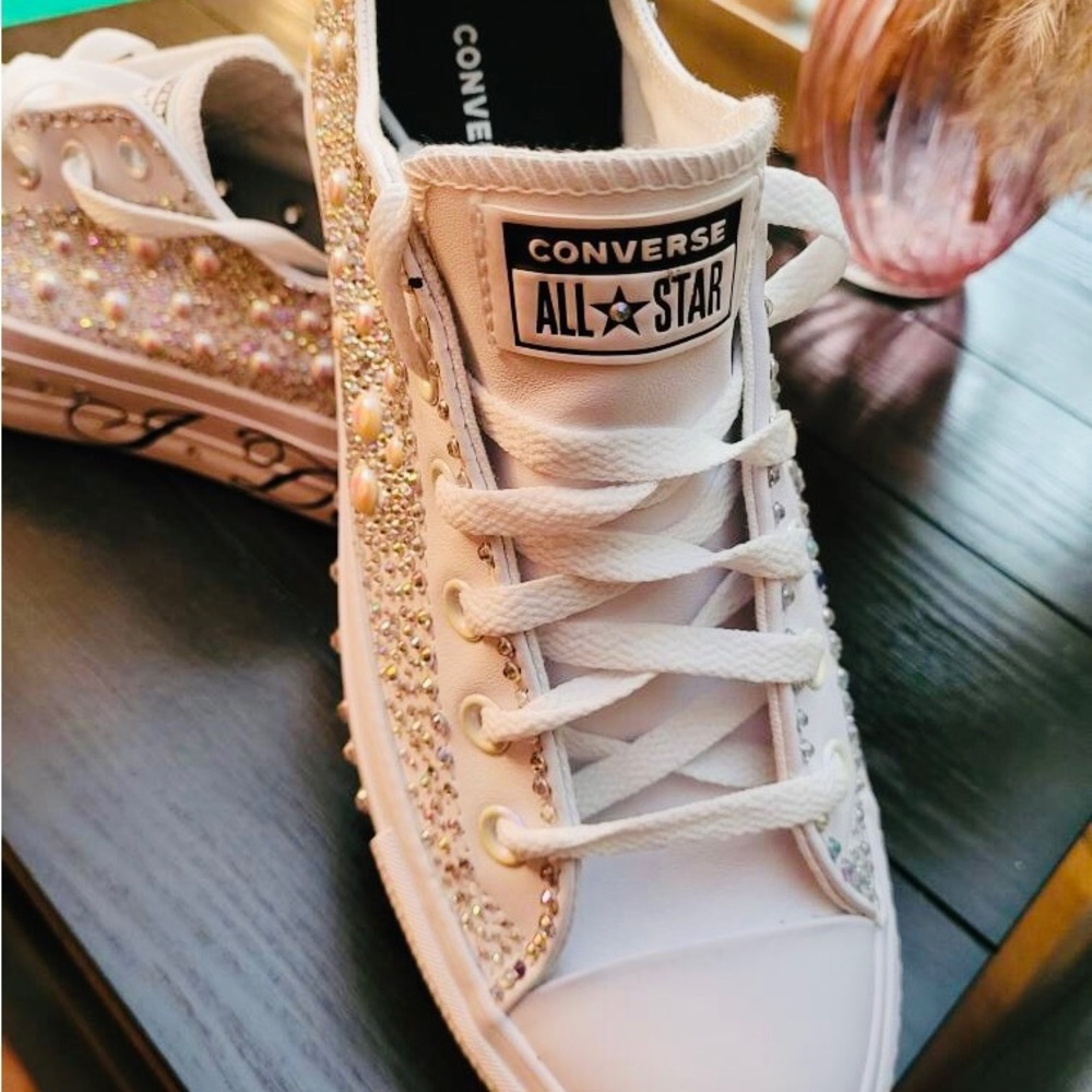 Custom Handmade All Star Converse Wedding Sneakers w/rhinestones and pearls.